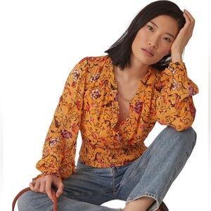 ANTHROPOLOGIE PRINT PUFF RUFFLE LONG SLEEVE ORANGE MOTIF BLOUSE TOP XS